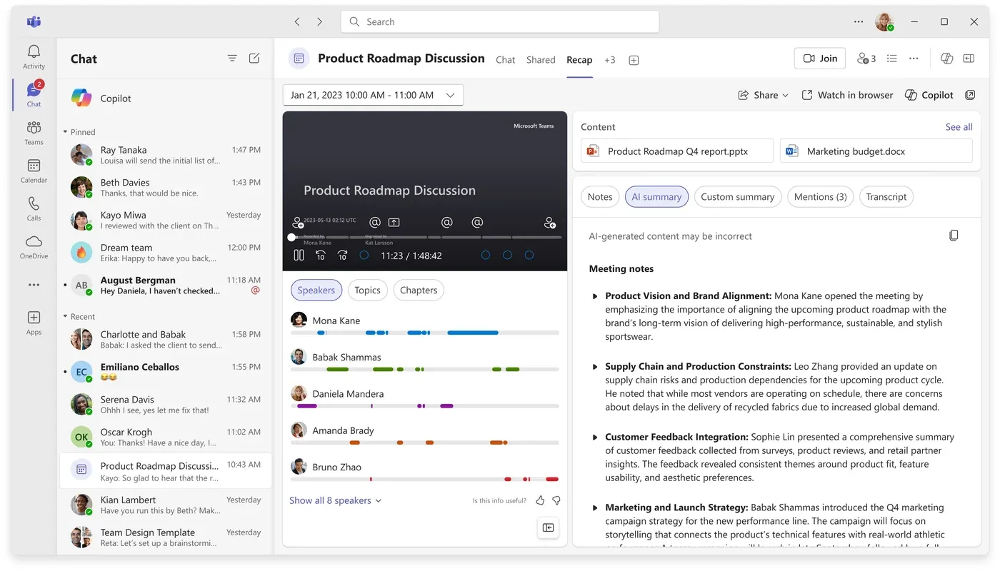 A Microsoft Teams meeting recap with an AI-generated summary — Notes, AI summary, Custom summary, Mentions and Transcript tabs alongside the recorded meeting and speaker timeline