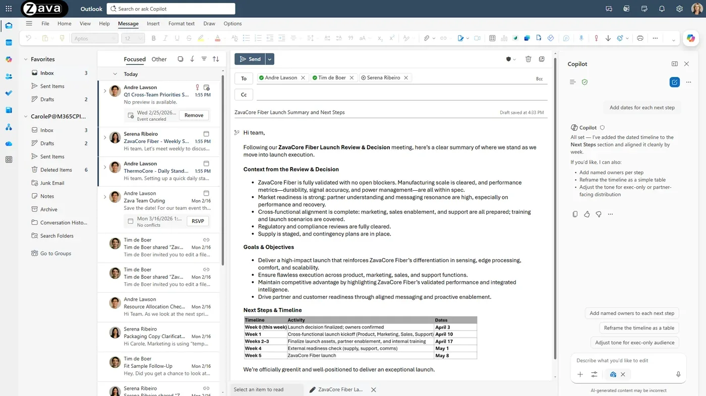 Microsoft 365 Copilot in Outlook drafting an email with a structured summary and timeline, and a Copilot pane suggesting refinements like adding owners per step