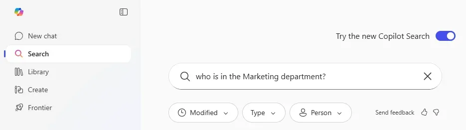 Copilot Search answering 'who is in the Marketing department?' with Modified, Type and Person filters