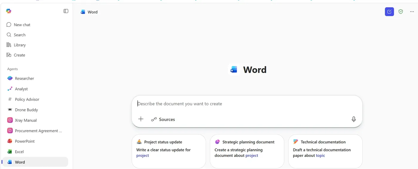 The Word agent in Microsoft 365 Copilot prompting 'Describe the document you want to create' with sample ideas like a project status update and a strategic planning document