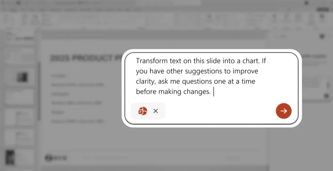 Microsoft 365 Copilot in PowerPoint with a prompt to transform the text on a slide into a chart and ask clarifying questions first