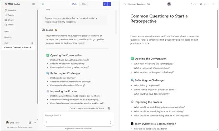 Microsoft 365 Copilot creating a Copilot Page — a collaborative canvas with structured headings generated from a chat answer, ready to share and co-edit