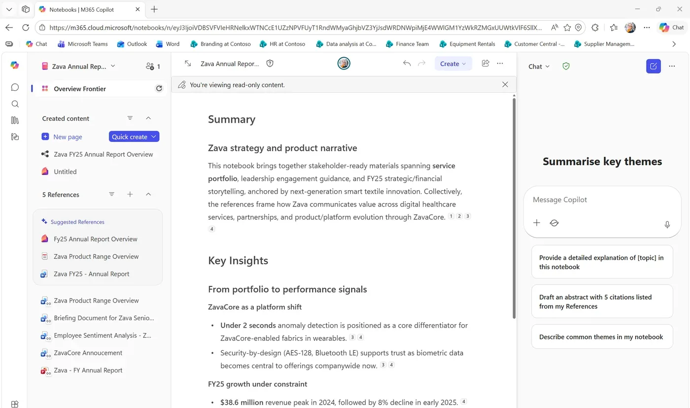 A Microsoft 365 Copilot Notebook gathering references and created content for a project, with a chat panel to summarise key themes across the sources