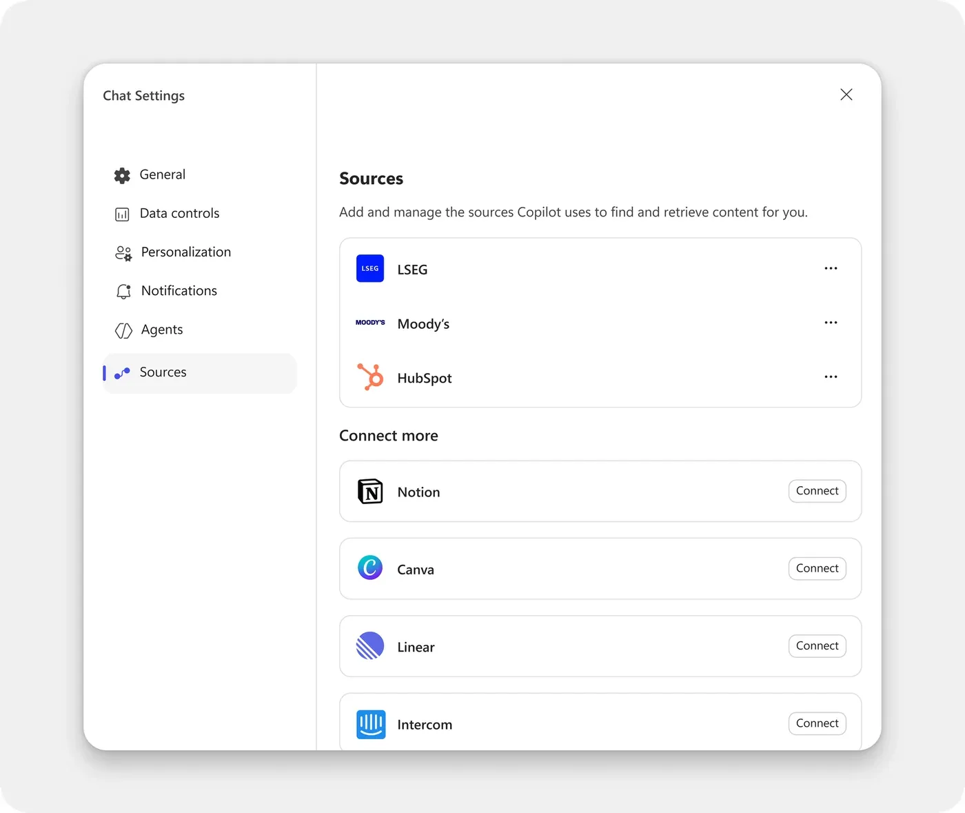 The Copilot Chat Sources settings showing connected sources like LSEG, Moody's and HubSpot, plus more to connect such as Notion, Canva, Linear and Intercom