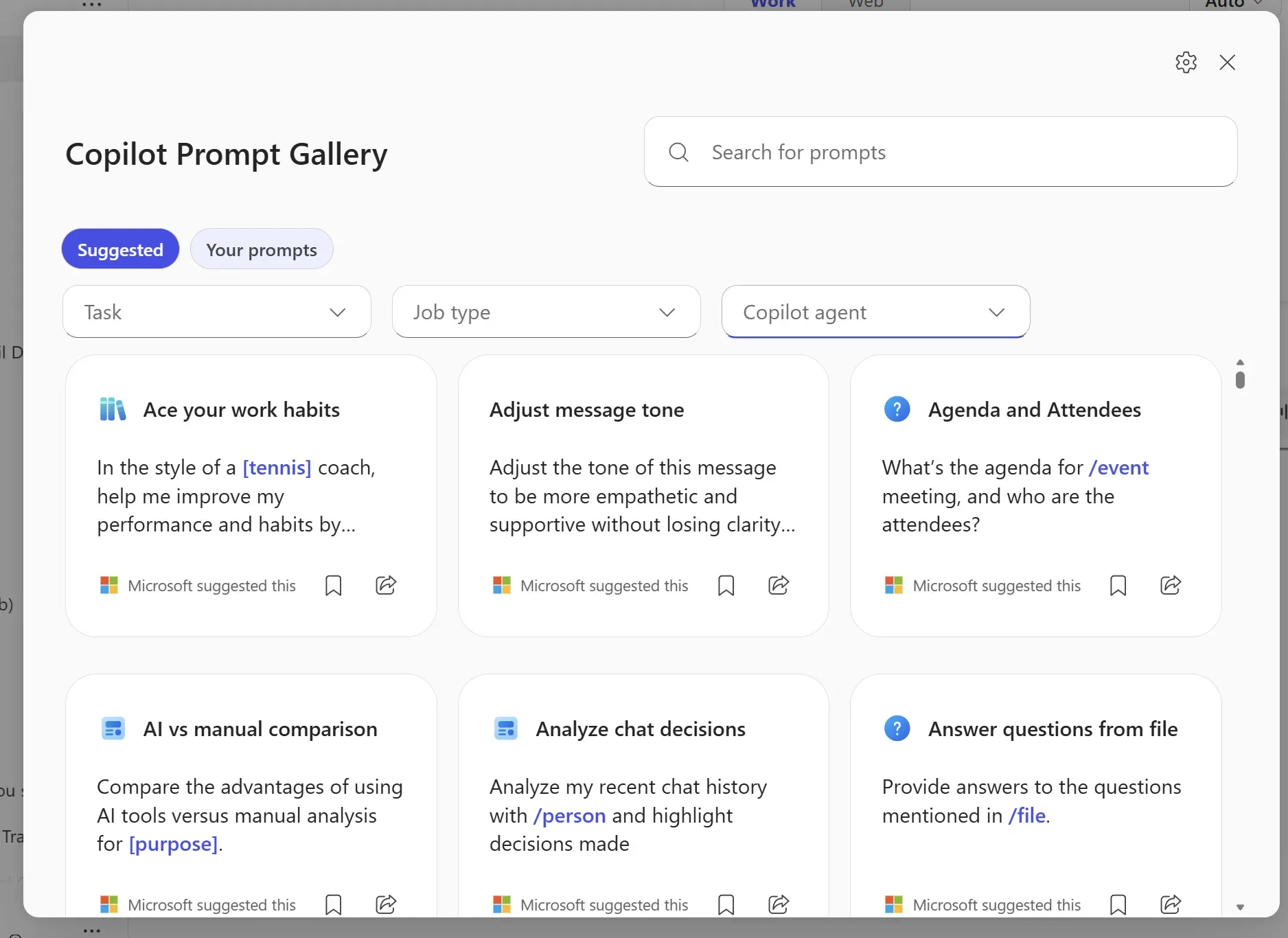 The Copilot Prompt Gallery with suggested prompts filtered by Task, Job type and Copilot agent, showing cards you can use or save