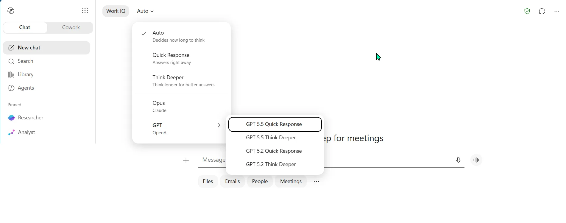 The Microsoft 365 Copilot chat app with the model picker open — Auto, Quick Response, Think Deeper, Opus (Claude) and GPT 5.5 / 5.2 — plus a Work IQ toggle