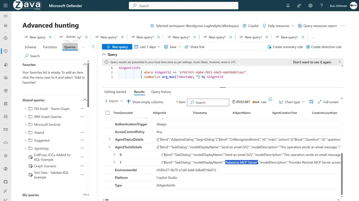 Advanced Hunting KQL query against the AIAgentsInfo table showing agent creation time, creator, tools, and platform details