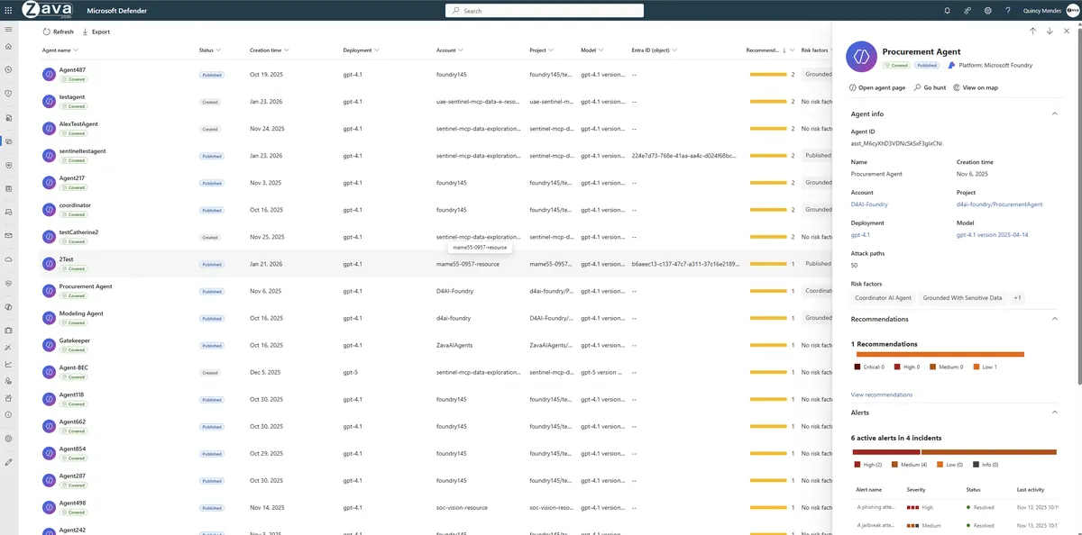 Defender showing detailed information about a specific agent including its Agent ID, platform, model, number of attack paths, risk factors, and active alerts