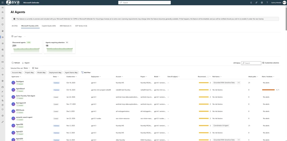 Defender AI Agents inventory discovering agents across Microsoft Foundry, Copilot Studio, AWS Bedrock, and GCP Vertex AI