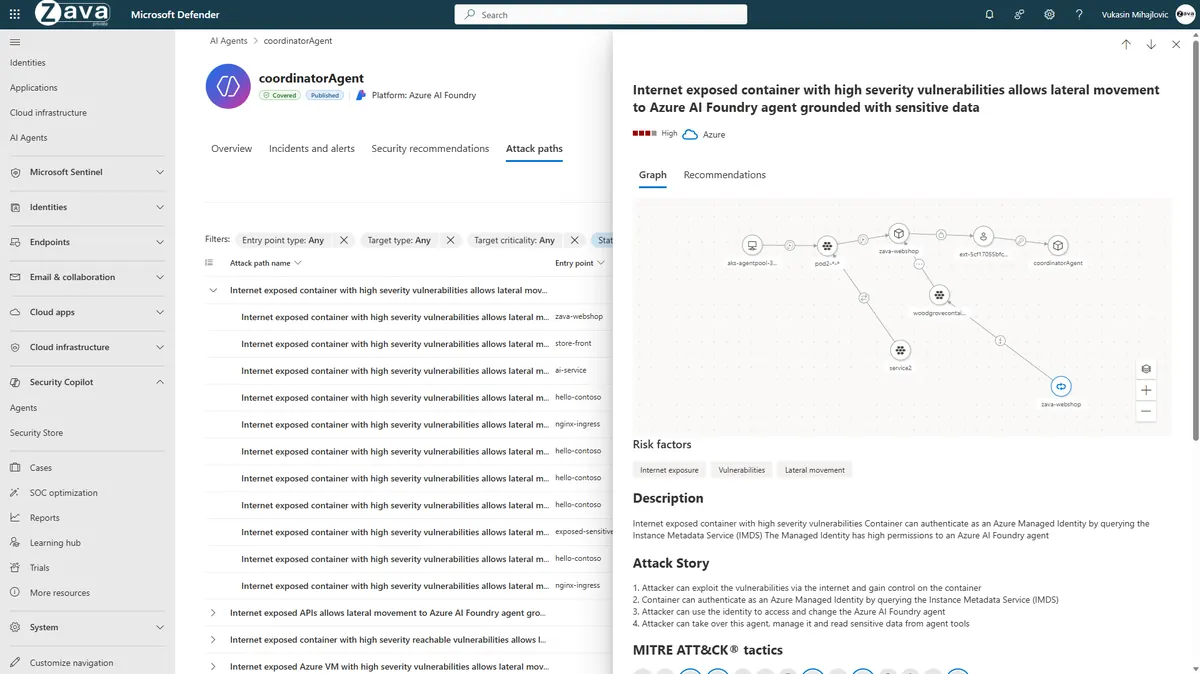 Defender attack path analysis showing step-by-step how an attacker could exploit a vulnerability, move laterally through a managed identity, and take over an AI agent