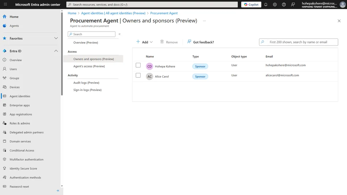 Microsoft Entra admin center showing the Procurement Agent's Owners and sponsors page — two users assigned as sponsors with their names, type, and email addresses