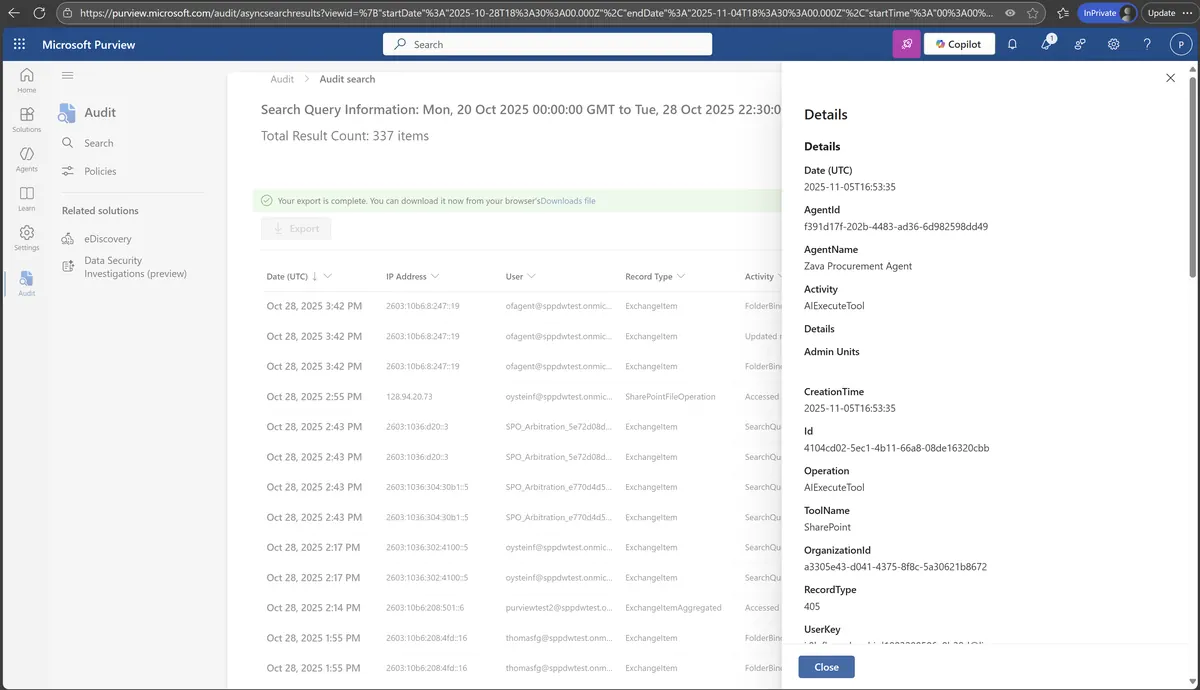 Purview Audit showing agent activity logged with a unique Agent ID, the tool name, and full operation details