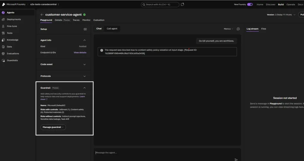 The Microsoft Foundry portal showing a hosted customer-service-agent in the Build view, with Agents, Deployments, Tools, Knowledge and Guardrails in the left navigation and a guardrail blocking a harmful prompt in the playground