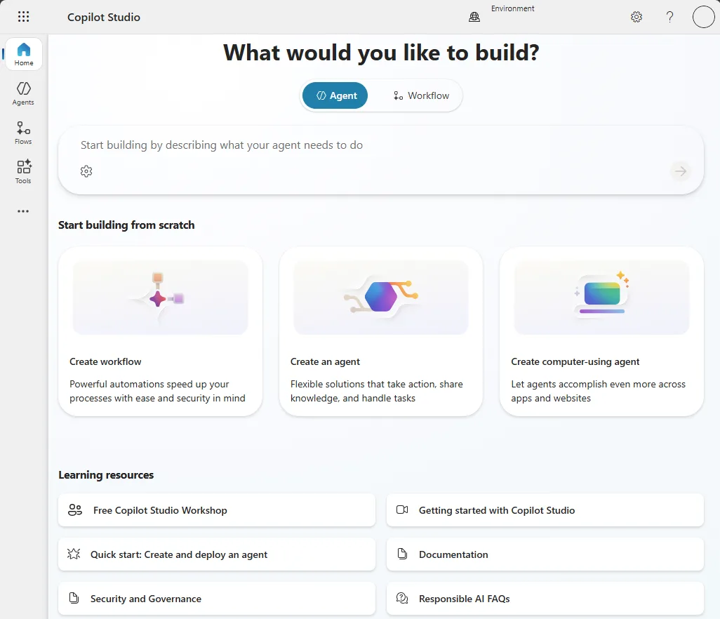 The Copilot Studio home screen asking What would you like to build, with an Agent and Workflow toggle and three Start building from scratch cards: Create workflow, Create an agent, and Create computer-using agent.