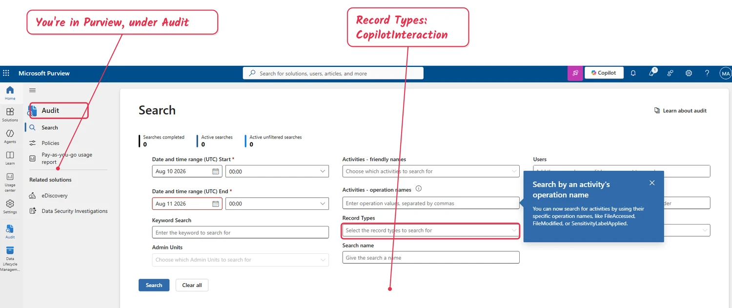 The Microsoft Purview portal with the Audit solution open, showing the Search page and the left-hand navigation.