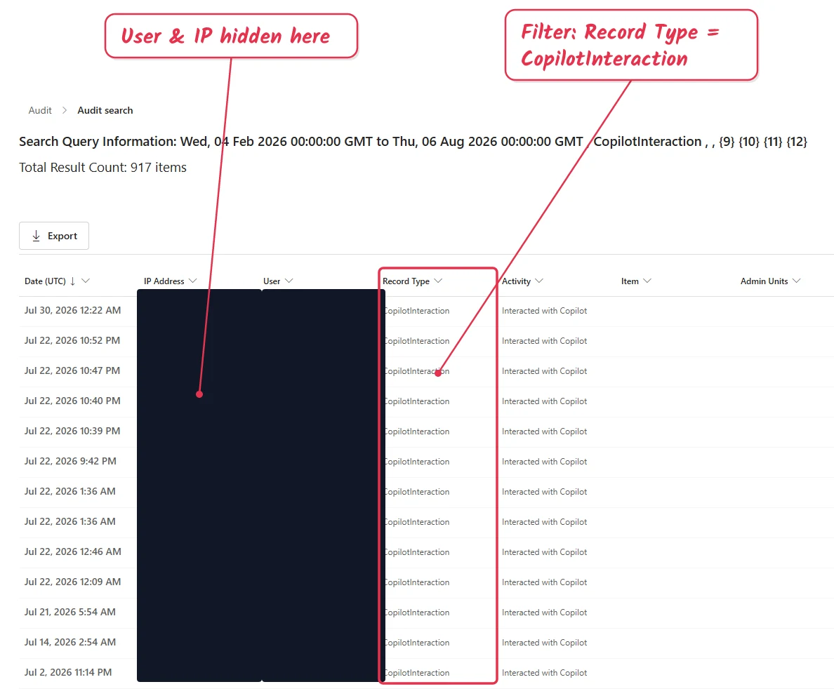 Microsoft Purview Audit search results showing CopilotInteraction rows, with the user and IP columns redacted.