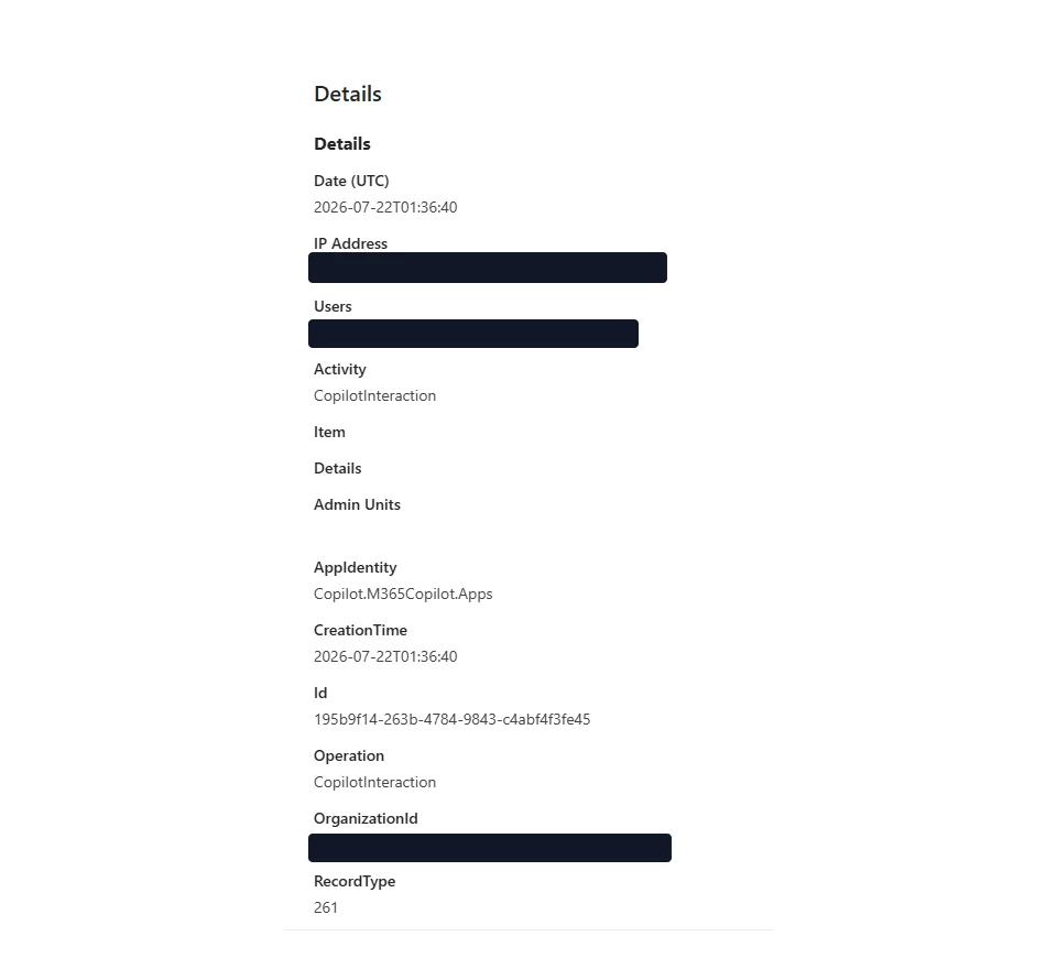 The details panel for a single CopilotInteraction audit record, showing date, activity, app identity, and record type.