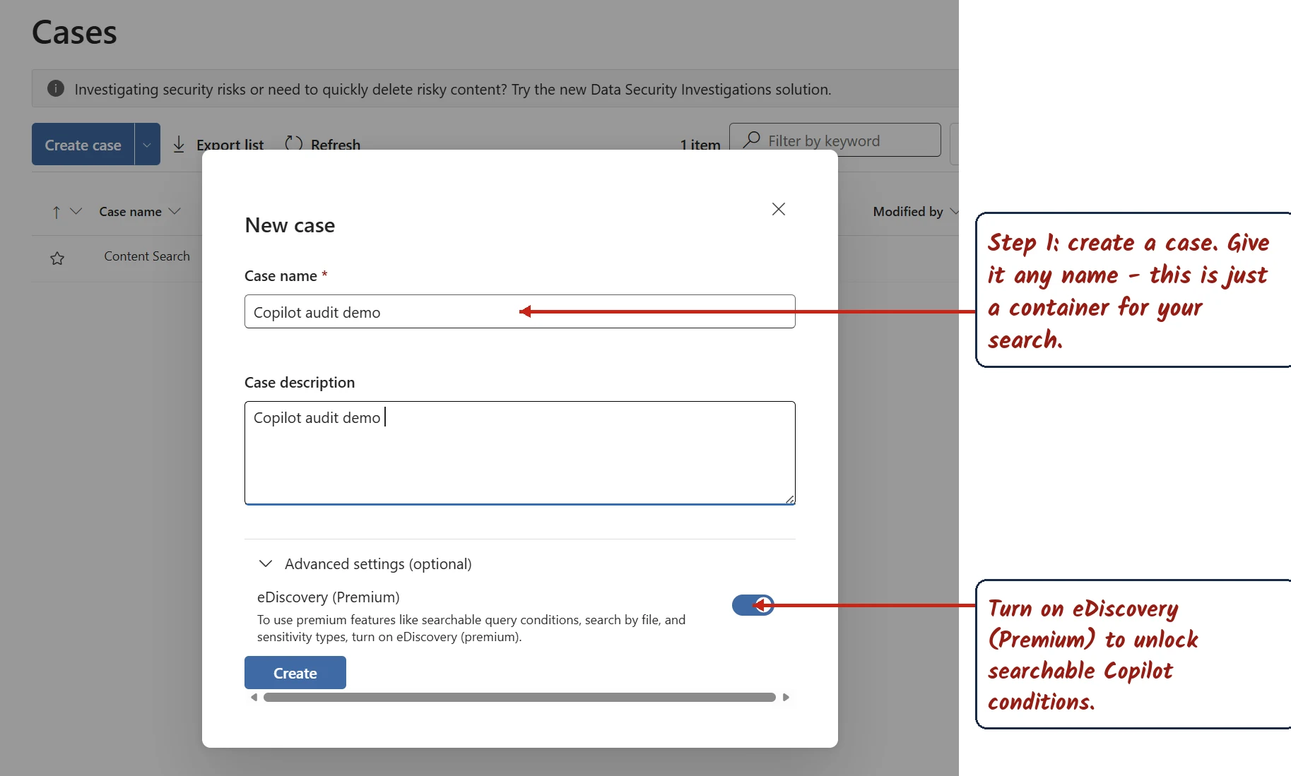 The eDiscovery New case dialog with a case name filled in and the eDiscovery Premium toggle switched on to unlock searchable Copilot conditions.