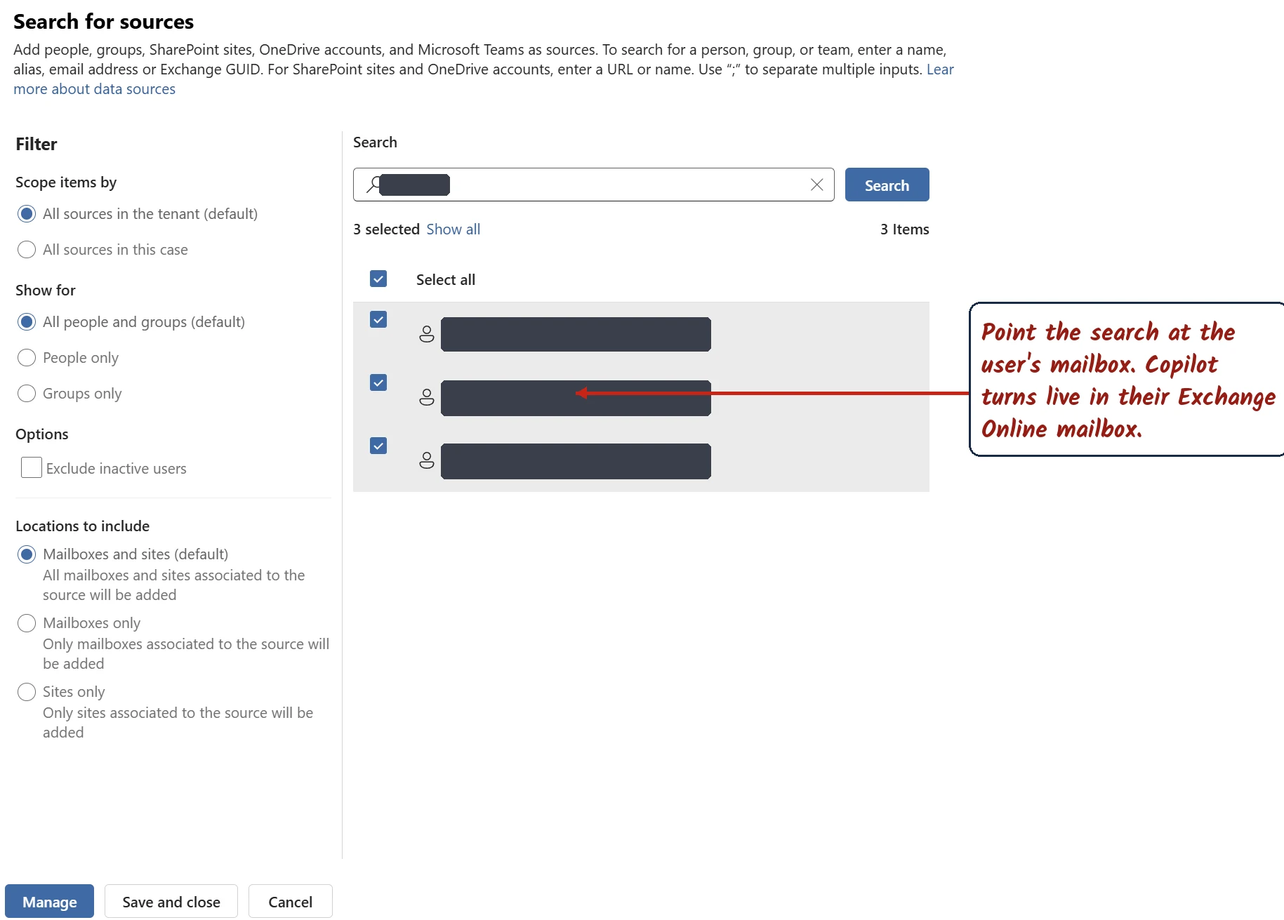 The eDiscovery Search for sources panel selecting user mailboxes as data sources, with the user names and email addresses redacted.