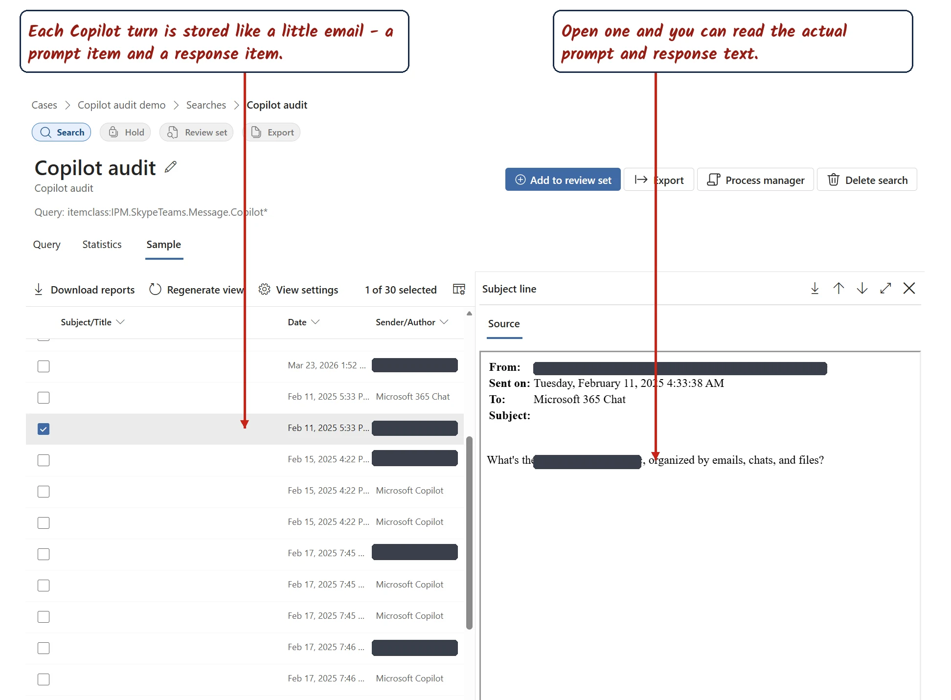eDiscovery sample results showing Copilot turns as email-like items — a prompt item and a response item — with one item opened to reveal the stored prompt text, and names, addresses and the prompt subject redacted.