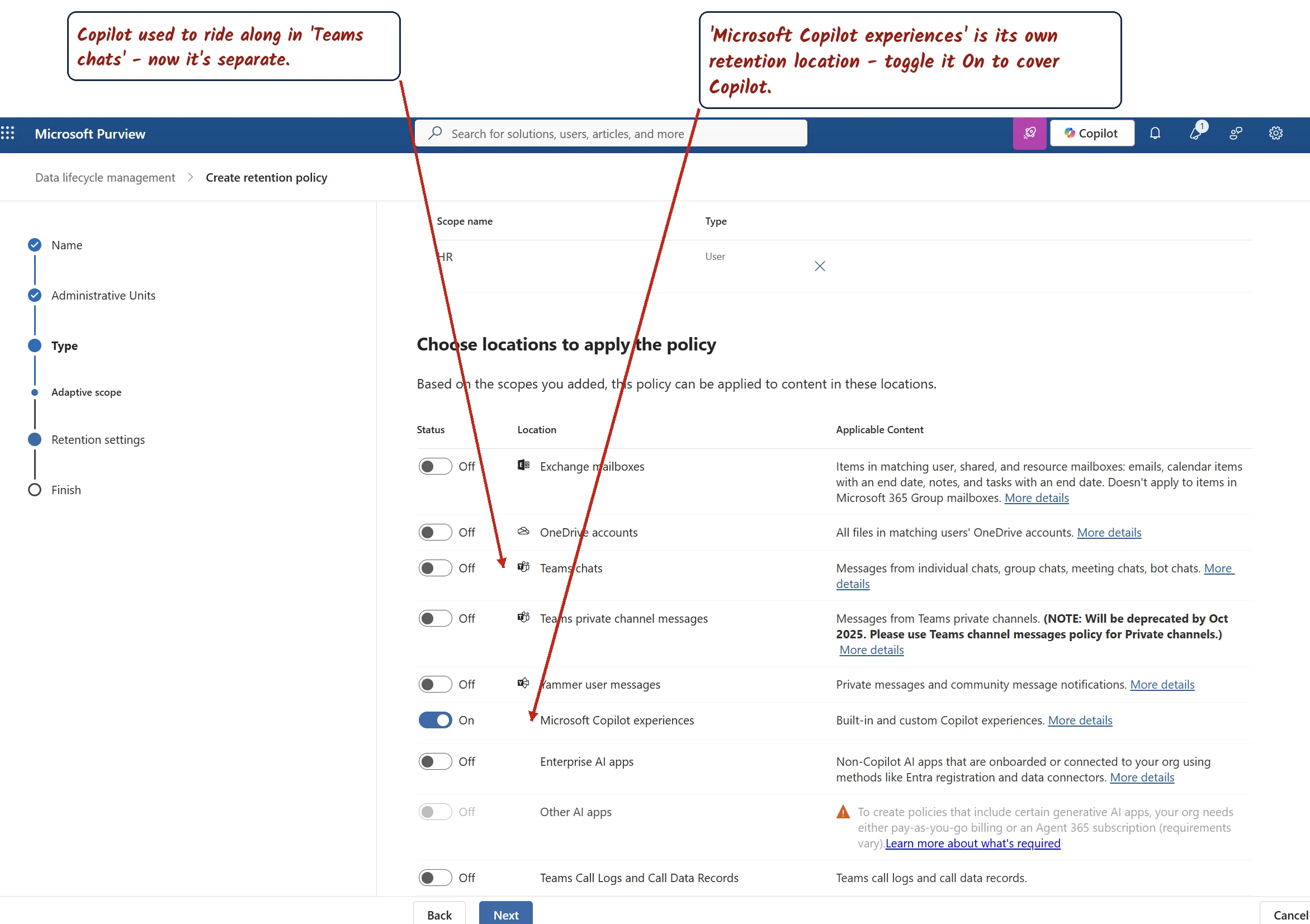 The Create retention policy locations page in Microsoft Purview Data Lifecycle Management, with the Microsoft Copilot experiences location toggled On — a separate location from Teams chats, which is Off.