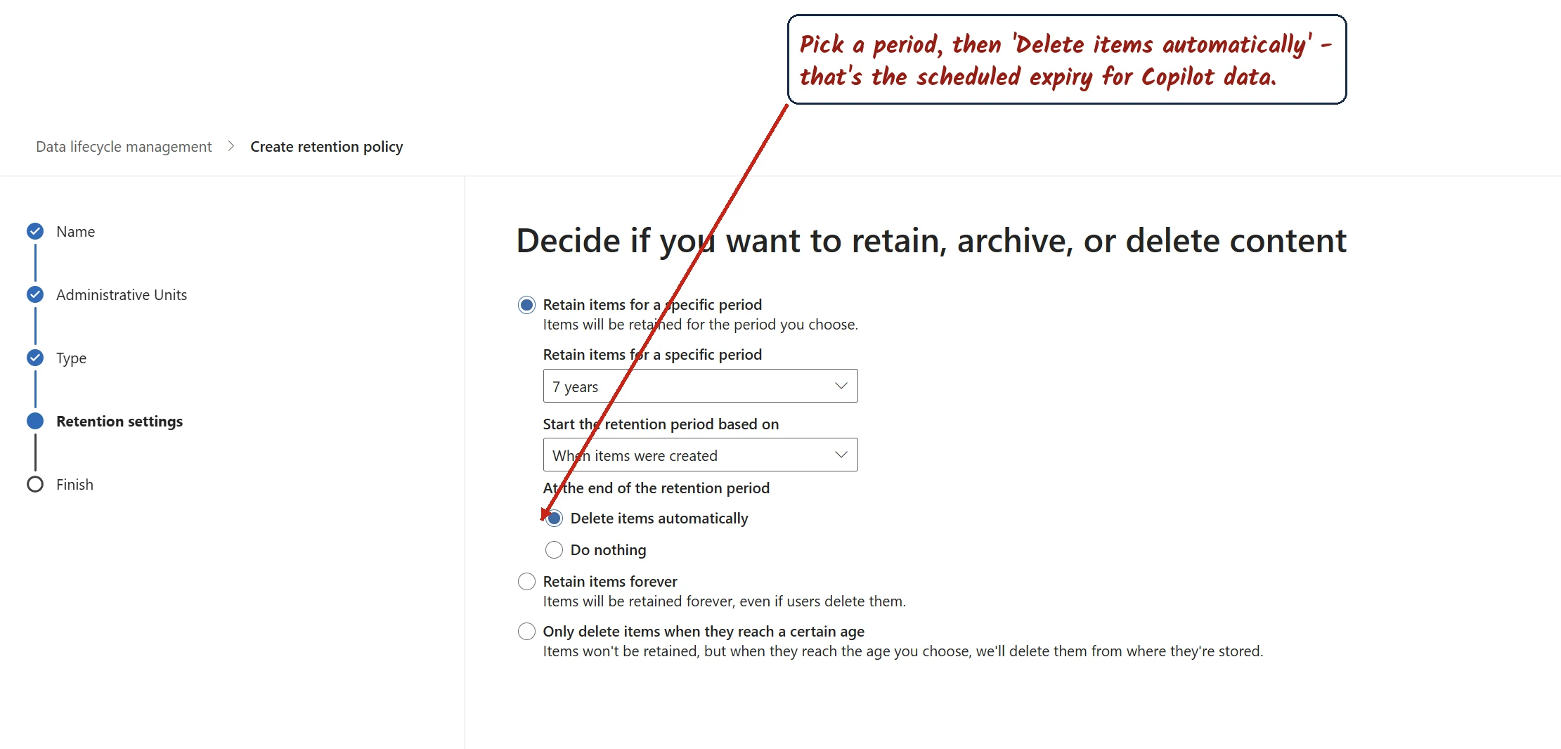 The retention settings step of a Purview retention policy, set to retain items for 7 years and then Delete items automatically at the end of the period.