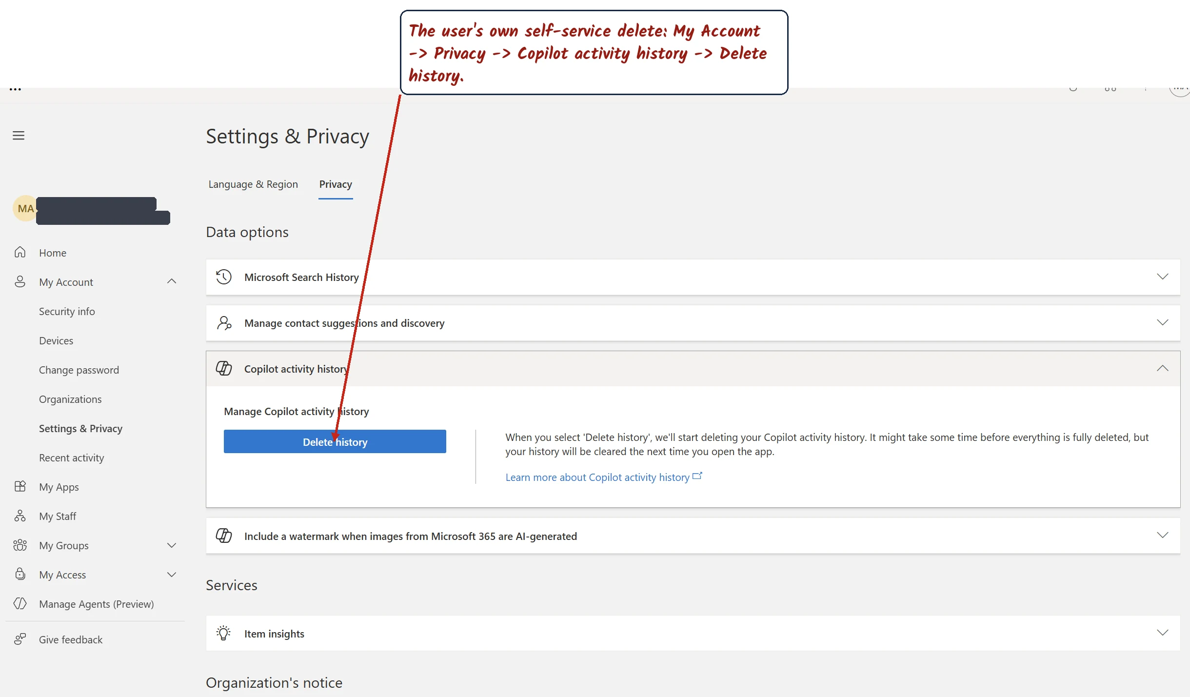 The My Account portal Settings and Privacy page with Copilot activity history expanded, showing the Delete history button a user can select to clear their own Copilot history.