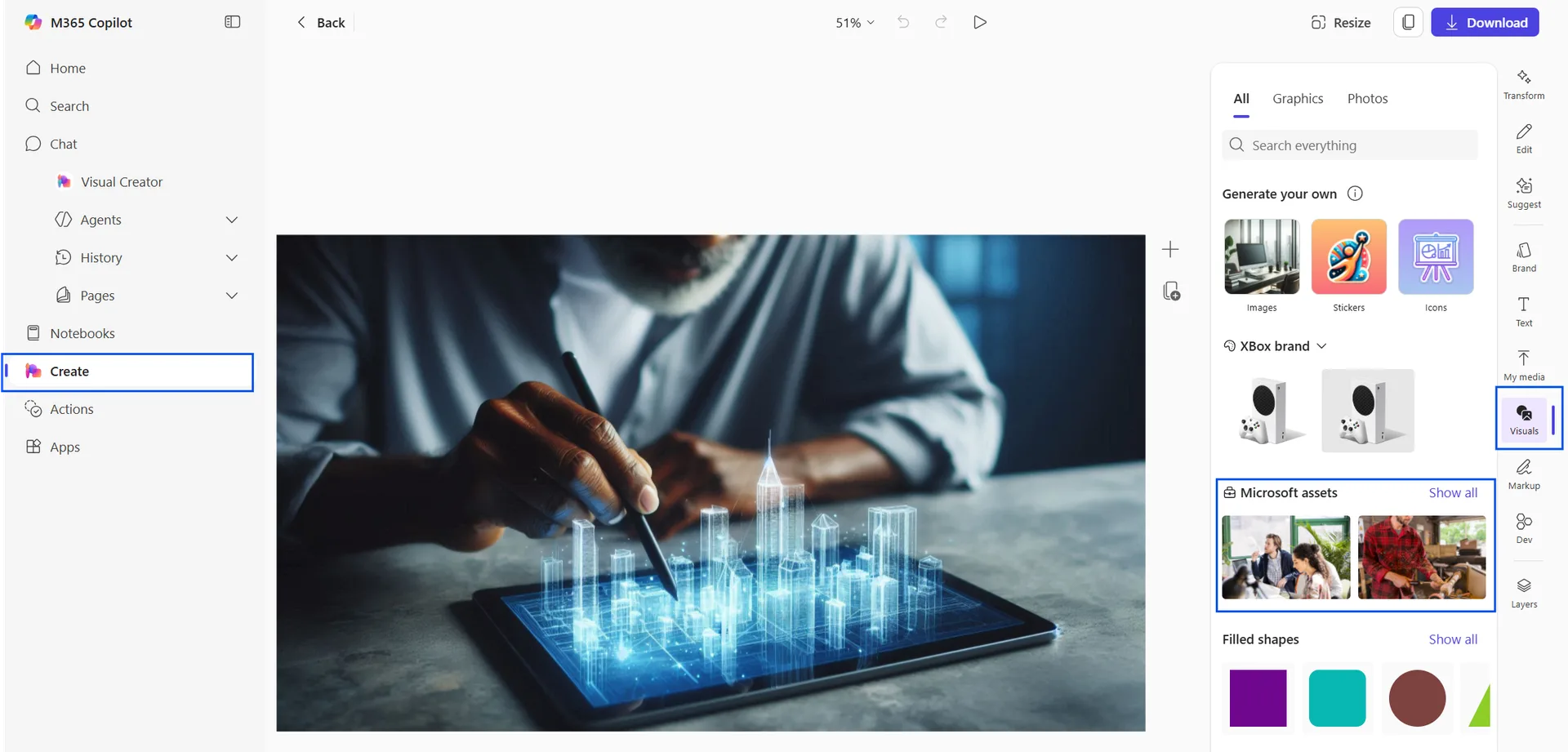 The Microsoft 365 Copilot Create canvas with the Brand panel open on the right — showing an 'XBox brand' asset set and Microsoft brand assets, so Copilot can generate on-brand visuals