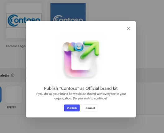 A Brand Kit being defined in the Microsoft 365 Copilot app — Contoso logo variations, a colour palette, and a 'Publish as Official brand kit' confirmation dialog