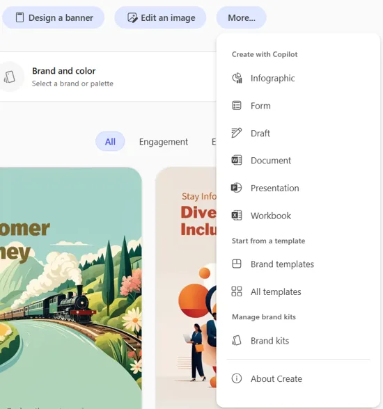 The Create menu in the Microsoft 365 Copilot app — options to create a Presentation, Document or Infographic with Copilot, start from Brand templates, and a 'Manage brand kits' entry, alongside on-brand poster examples