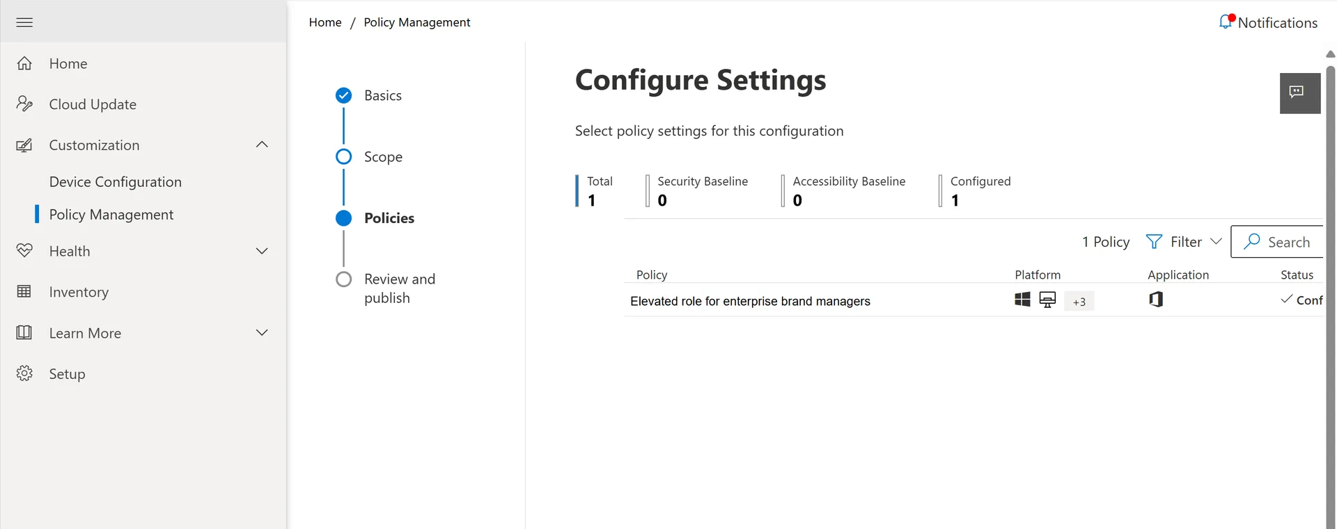 The Microsoft 365 Apps admin centre Policy Management wizard creating an 'Elevated role for enterprise brand managers' configuration, across Basics, Scope, Policies and Review steps