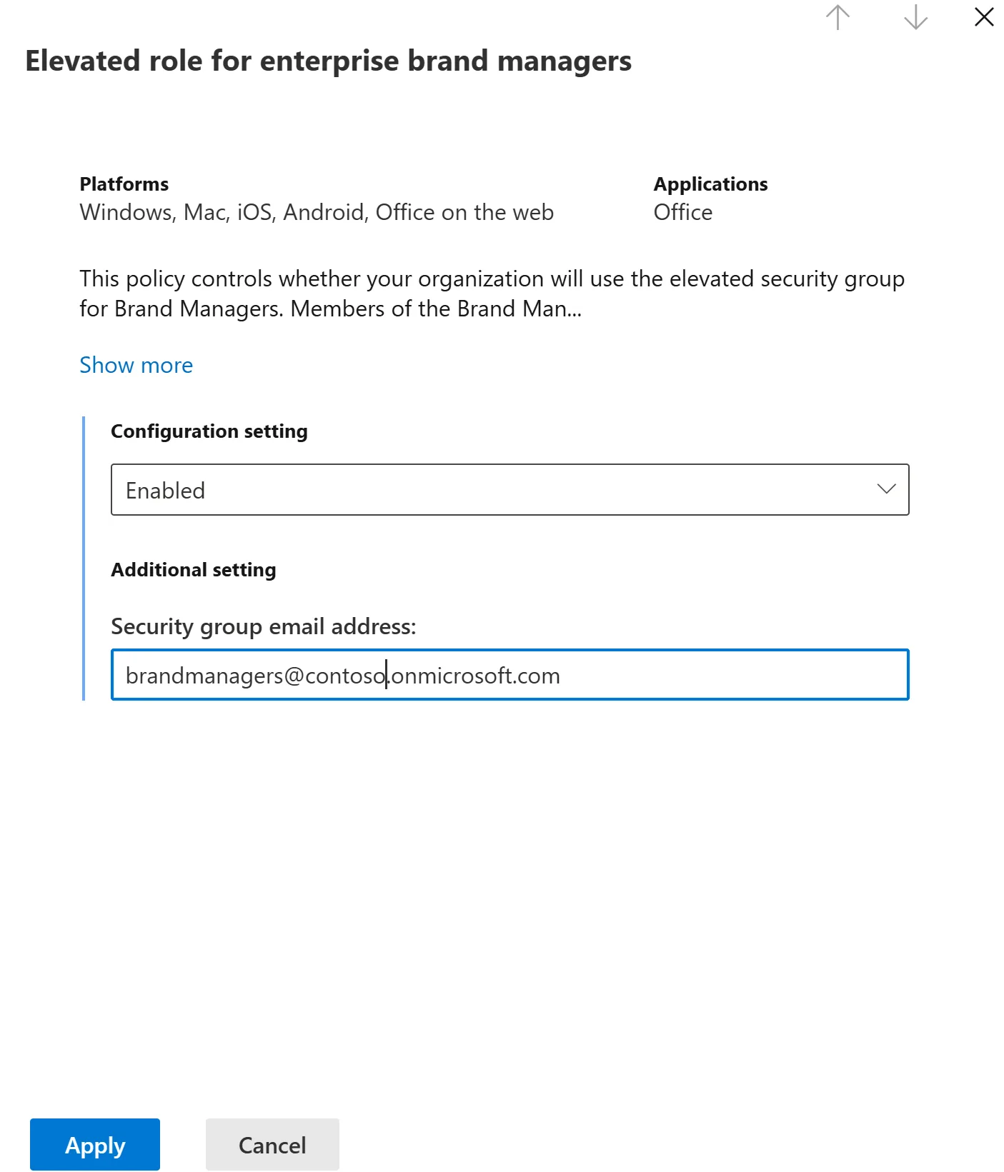 The 'Elevated role for enterprise brand managers' policy detail — platforms (Windows, Mac, iOS, Android, Office on the web), the Enabled configuration setting, and the brand managers security-group email