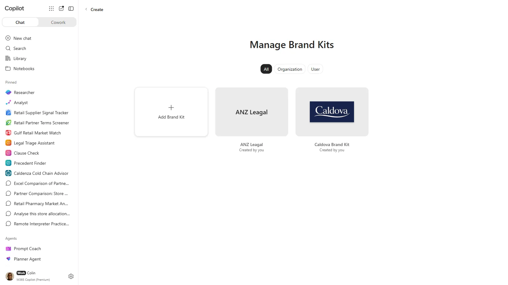 The Manage Brand Kits page with an Add Brand Kit tile and existing kits, filtered by All, Organization and User tabs