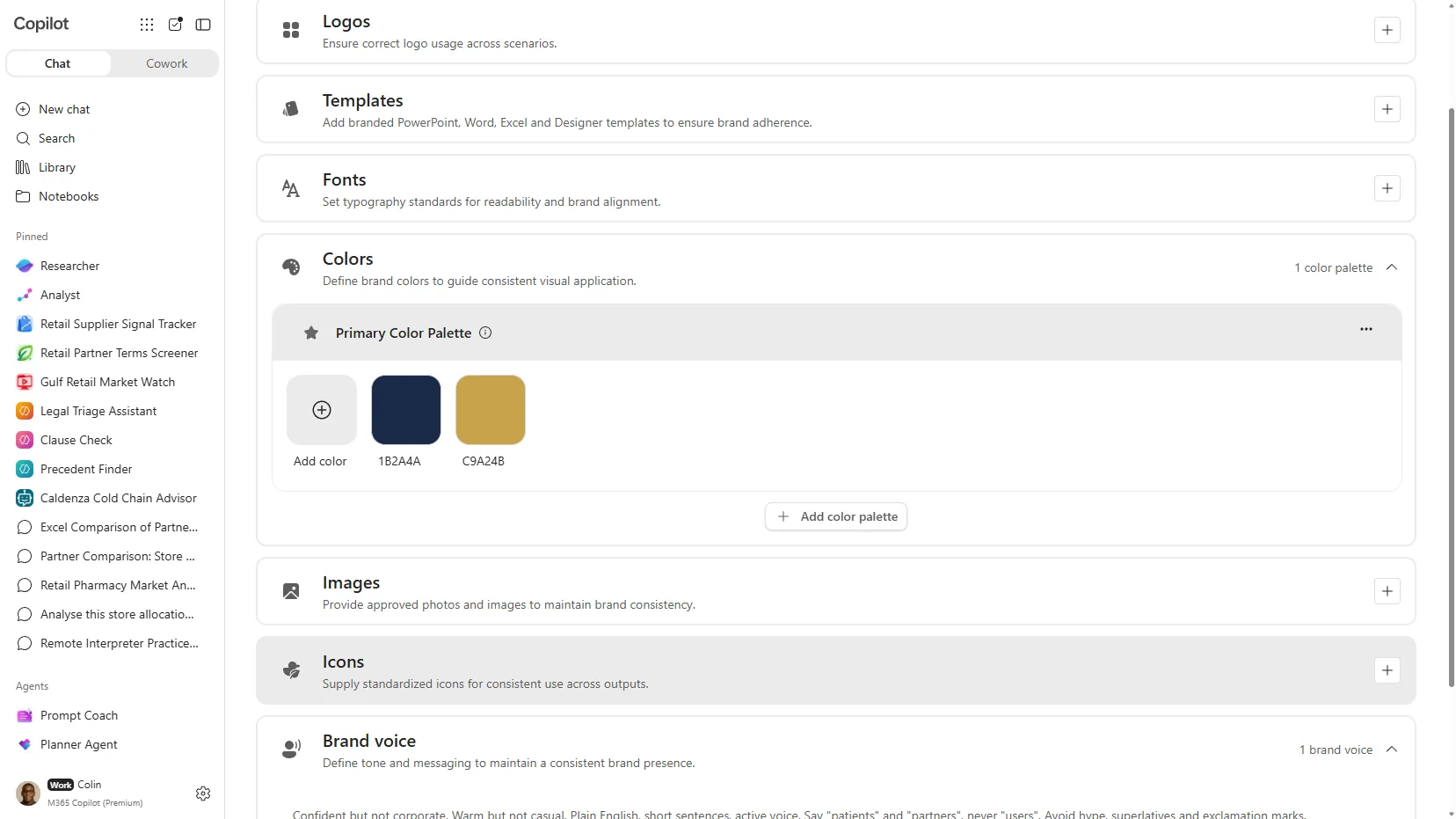 A Brand Kit with a Primary Color Palette holding a navy and a brass swatch, plus a populated Brand voice section