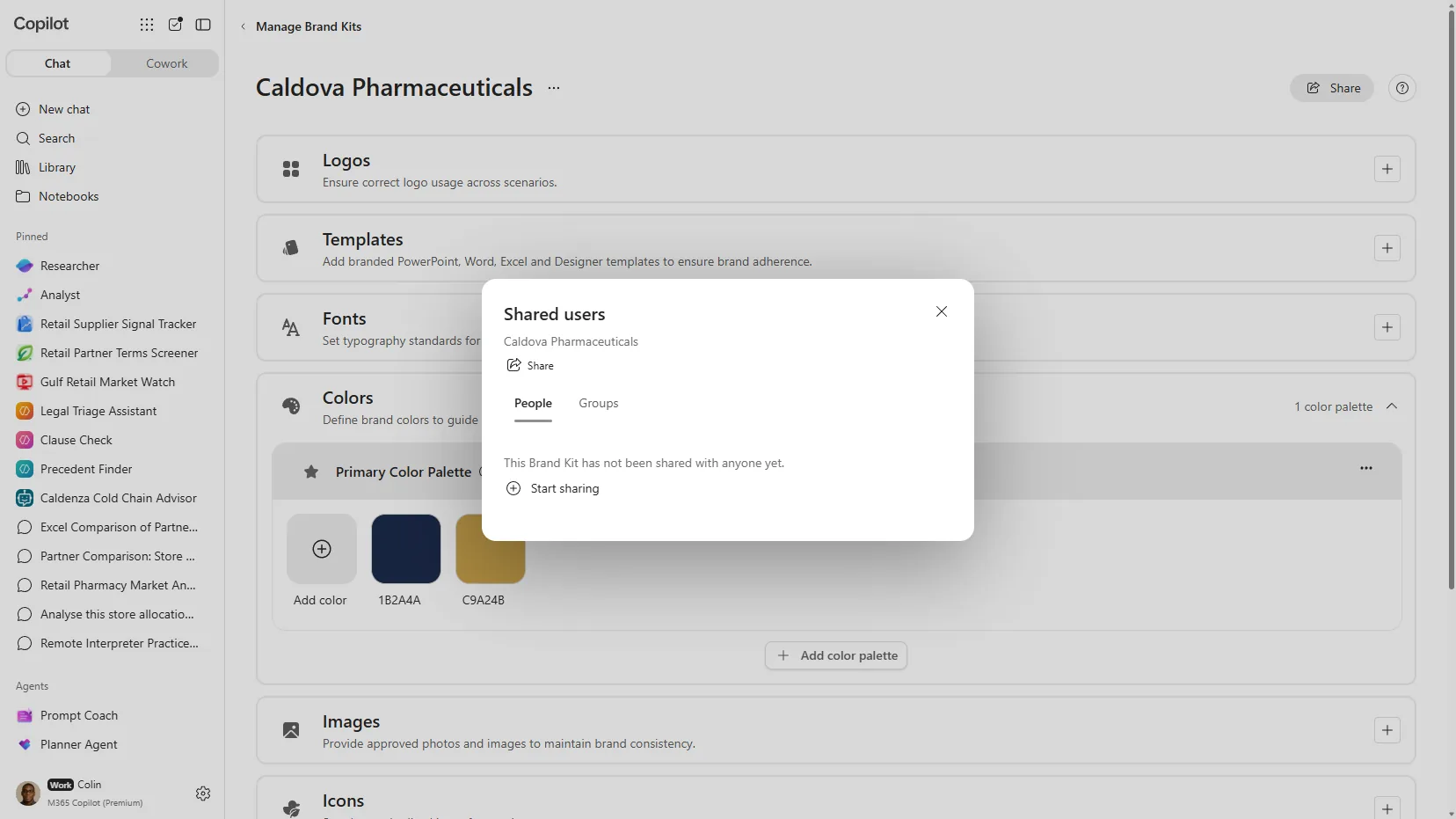 The Share dialog for a Brand Kit with People and Groups tabs and a Start sharing button