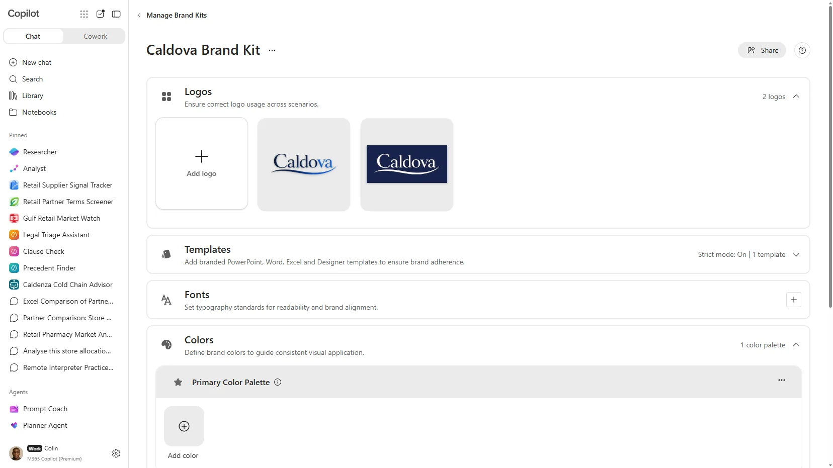 A finished Brand Kit showing two logo variants, a template with strict mode on, and a colour palette