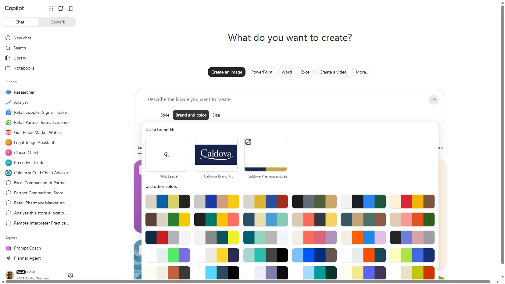 The Brand and color picker in Copilot Create, with a list of brand kits to apply before generating an image