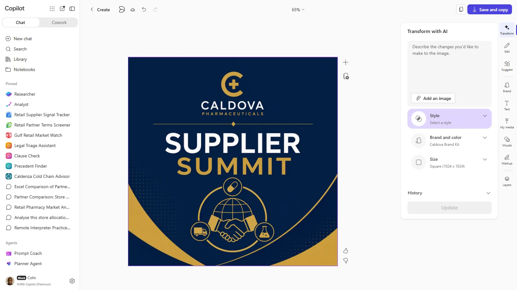 A poster reading 'Caldova Pharmaceuticals Supplier Summit' in navy and gold with the brand logo, generated by Microsoft 365 Copilot from a Brand Kit