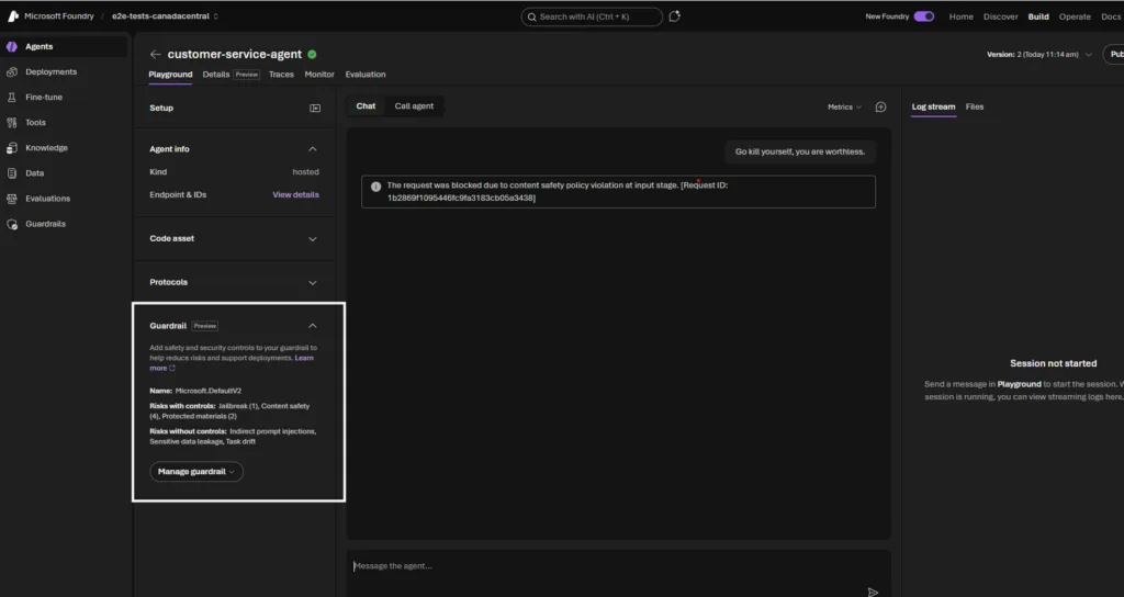 Hosted Agents in Microsoft Foundry — guardrails configuration UI screenshot showing customer-service-agent with content safety blocking a harmful prompt