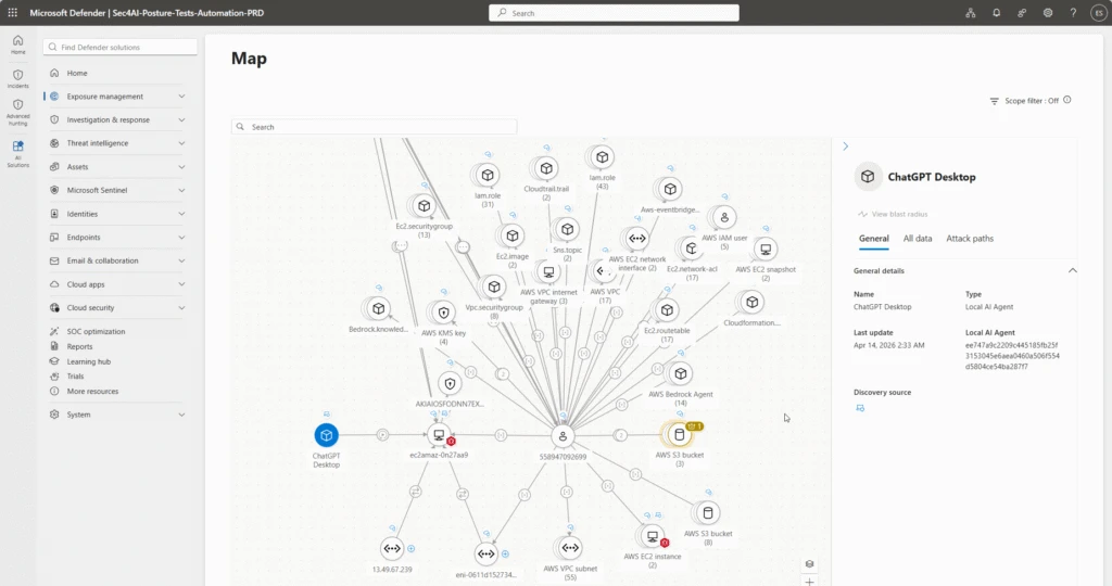 Microsoft Defender agent relationship map showing connected MCP servers, identities and cloud resources