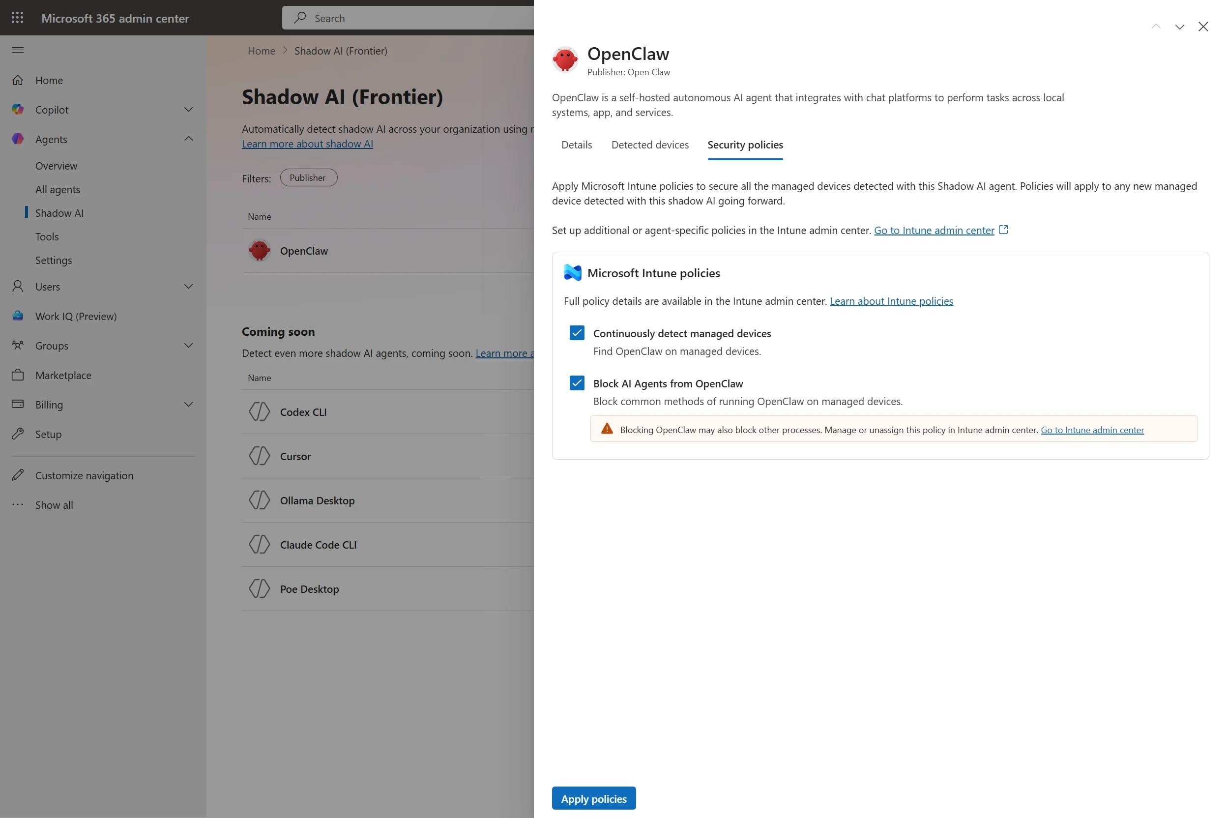 Microsoft 365 admin center showing OpenClaw agent blocked by Intune security policies