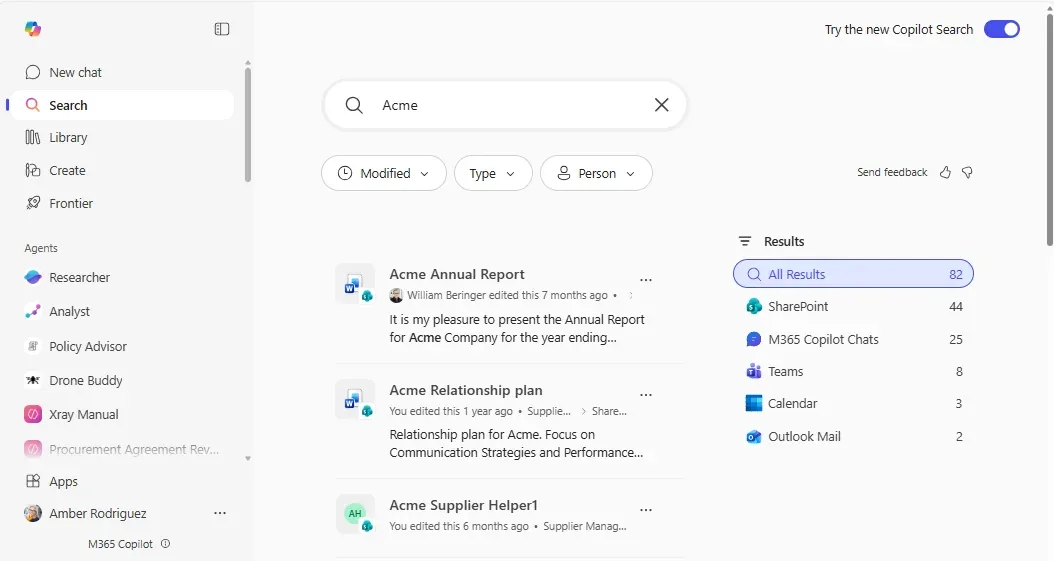 Copilot enterprise search for 'Acme' with results grouped across SharePoint, Microsoft 365 Copilot Chats, Teams, Calendar and Outlook Mail