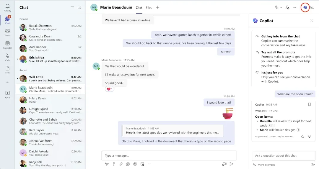 Microsoft 365 Copilot Chat as a side panel inside a Microsoft Teams chat, summarising the conversation and listing open items