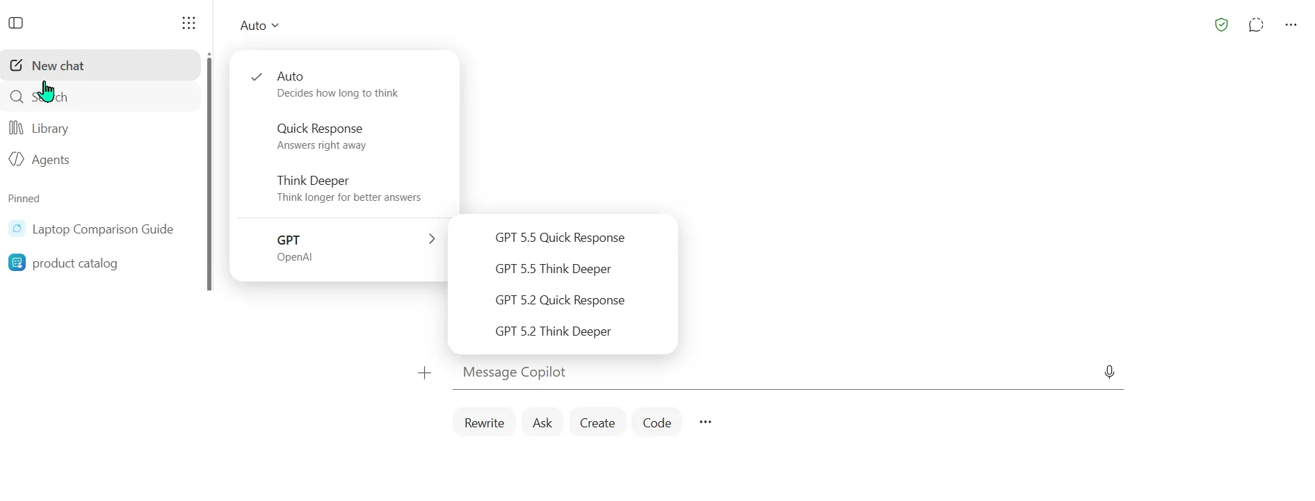 The Microsoft 365 Copilot Chat home with the model picker open (Auto, Quick Response, Think Deeper, GPT 5.5 and 5.2) — the free Chat experience, with no Work IQ toggle