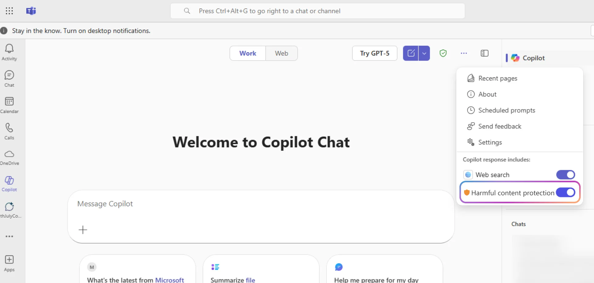 The More menu in Microsoft 365 Copilot Chat showing the Web search and Harmful content protection toggles, both switched on