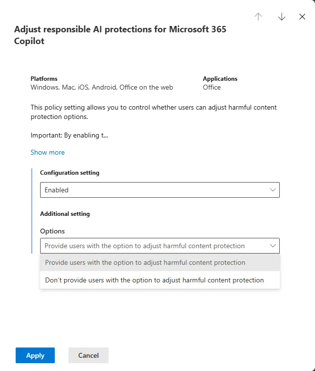 The 'Adjust responsible AI protections for Microsoft 365 Copilot' Cloud Policy set to Enabled, with the option to provide users the choice to adjust harmful content protection