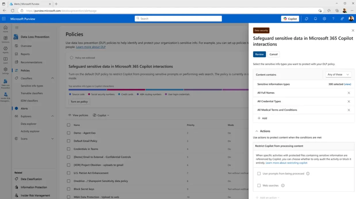 A Microsoft Purview Data Loss Prevention policy that restricts Microsoft 365 Copilot from processing sensitive content in user prompts