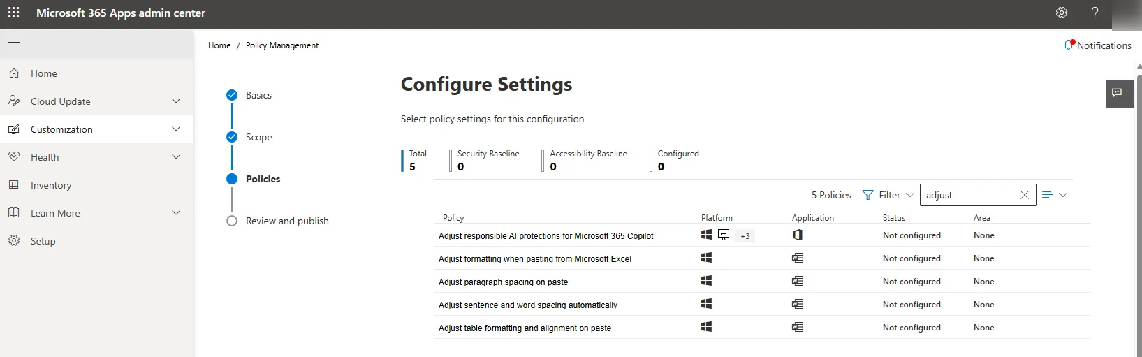 The Microsoft 365 Apps admin center Policy Management wizard with the 'Adjust responsible AI protections for Microsoft 365 Copilot' policy in the list