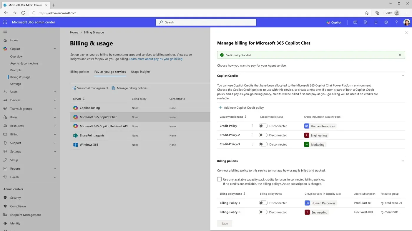 Microsoft 365 admin center Billing and usage page managing pay-as-you-go billing and Copilot Credit policies for Microsoft 365 Copilot Chat.