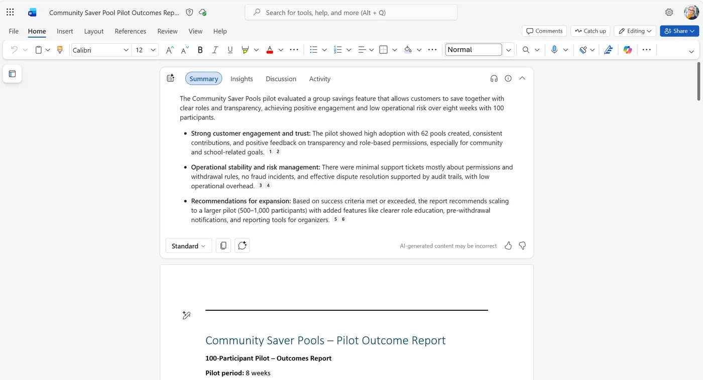 A Word document with the AI Summary panel pinned to the top — Summary, Insights, Discussion and Activity tabs. The headphones icon for generating an audio overview lives in this same panel area in the document header.